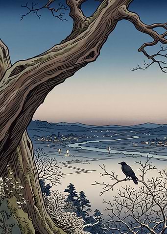 Ukiyo-e Crow Above the Twilight Valley