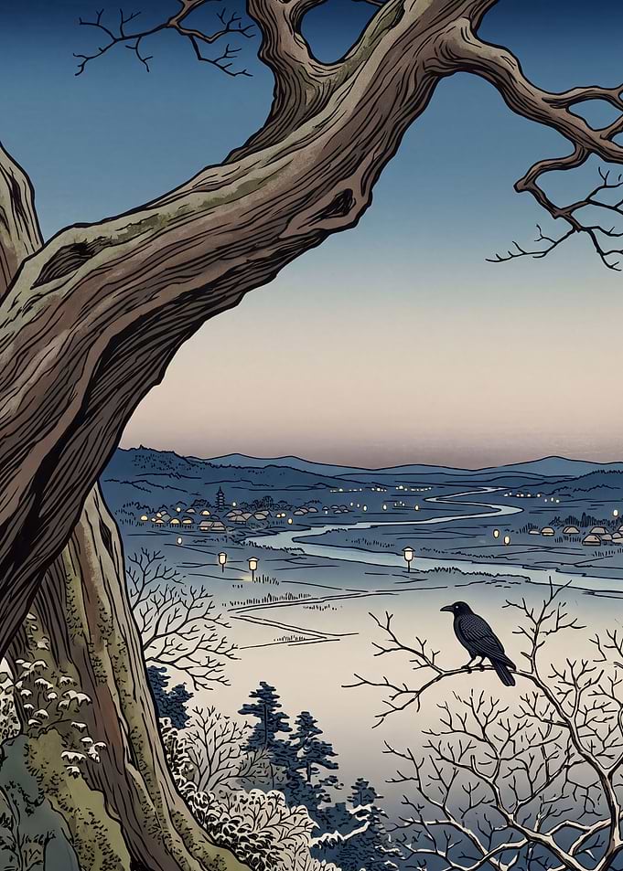 Ukiyo-e Crow Above the Twilight Valley