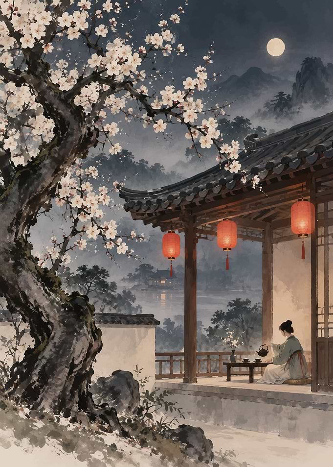Woman Drinking Tea Under Plum Blossoms
