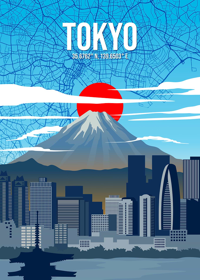 Tokyo Japan Mount Fuji Skyline Map Metal Travel Art Poster