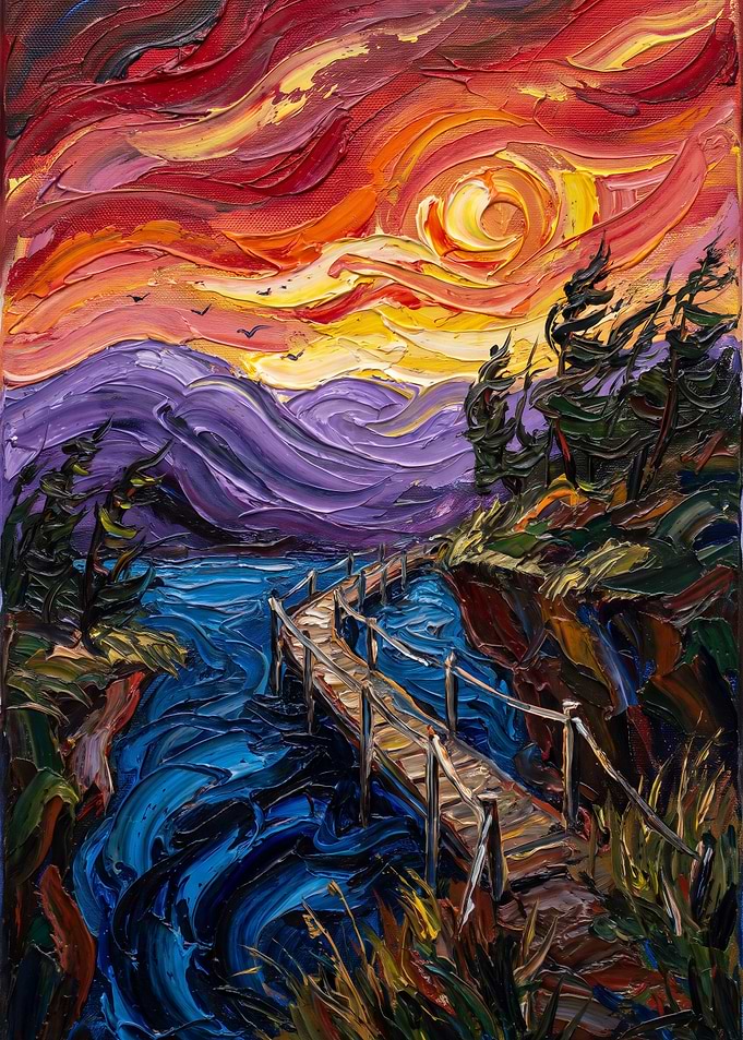 Impasto Oil Painting of Coastal Sunset
