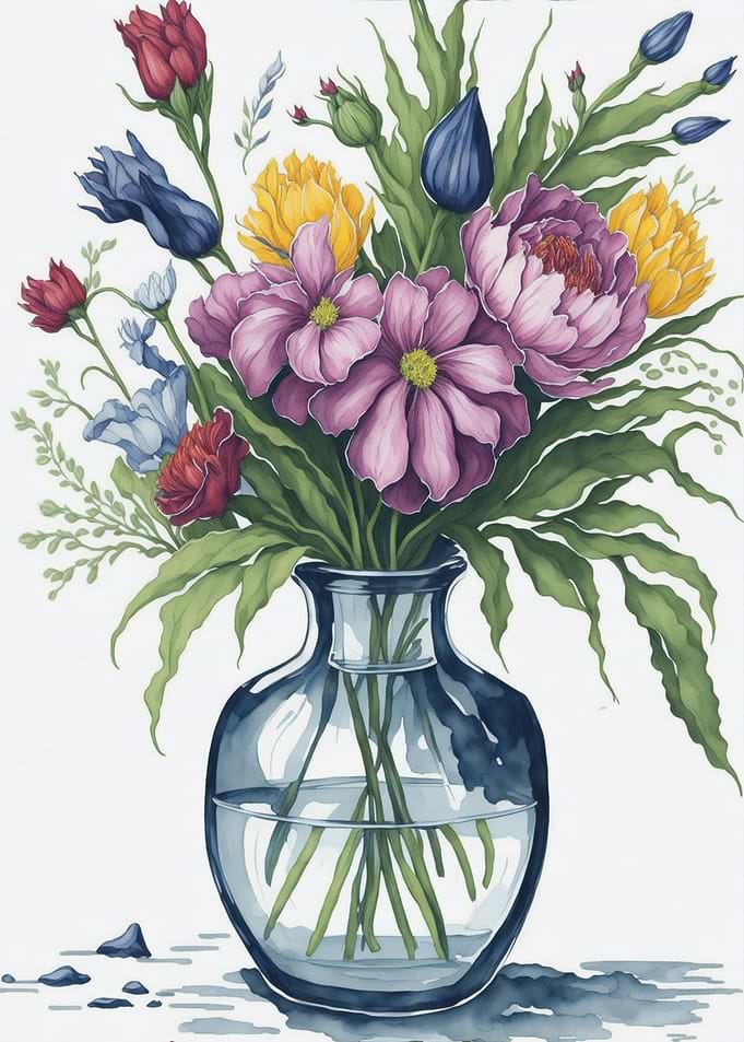 Watercolor Bouquet in Glass Vase