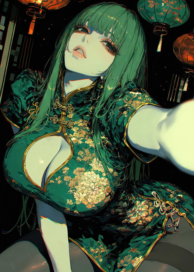 Green Cheongsam Anime Girl Selfie
