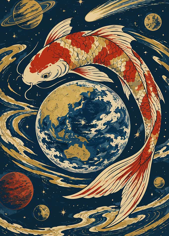 Japanese Koi Fish Orbiting Earth Ukiyo-e Woodblock Art Print