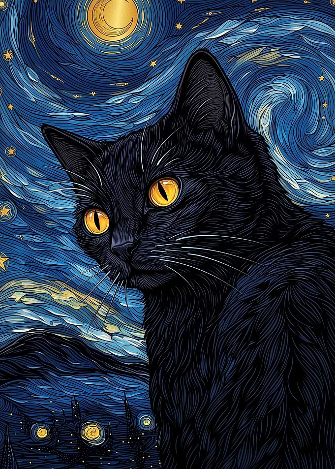 Black Cat Starry Night Oil Art