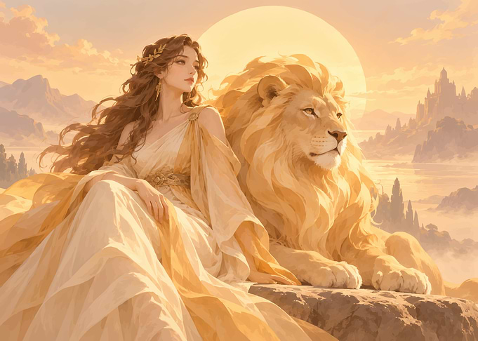 Goddess and Lion in Golden Sunset
