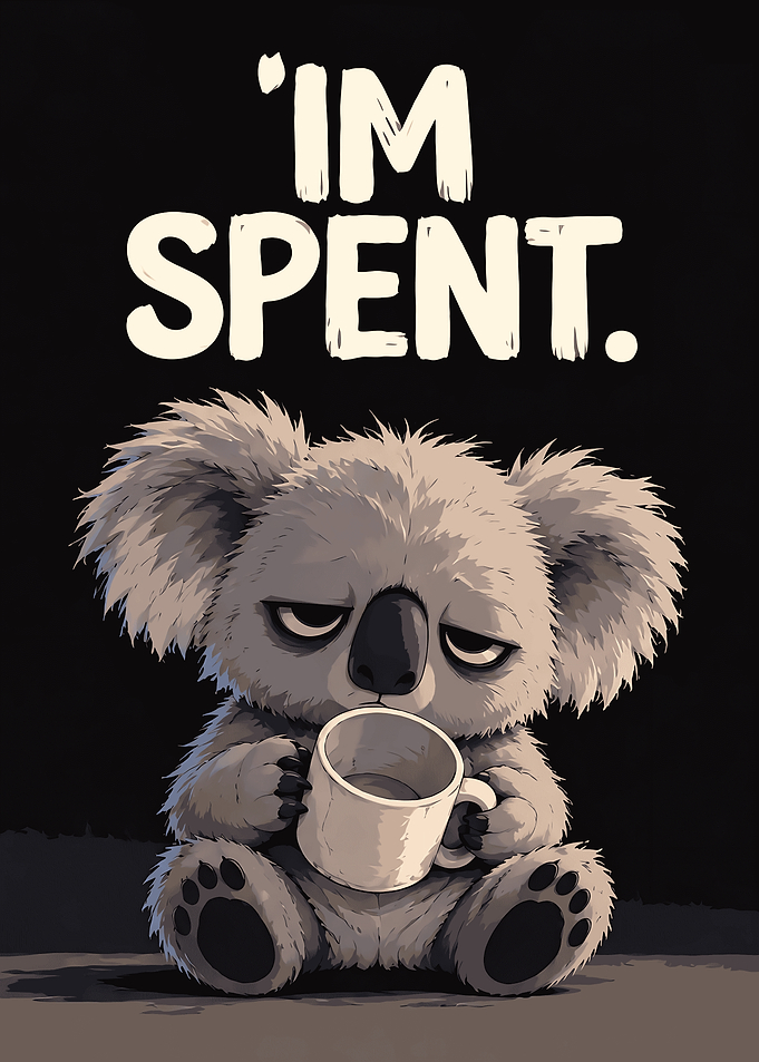 Exhausted Koala with Coffee Mug