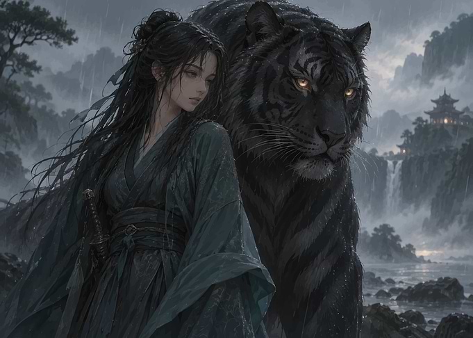 Warrior Woman and Giant Tiger