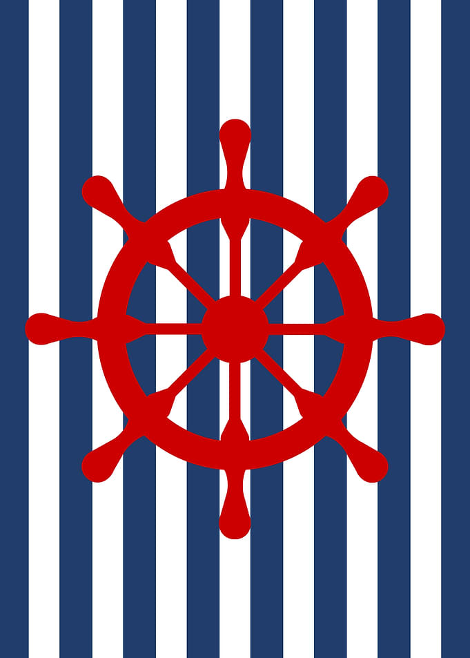 Red Ship Wheel on Striped Background