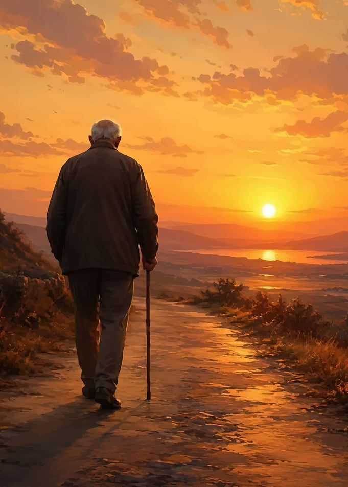 Elderly Man Walking at Sunset