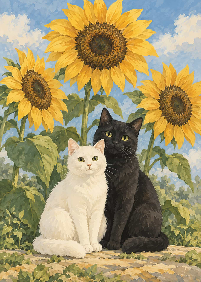 Black and White Cats with Sunflowers