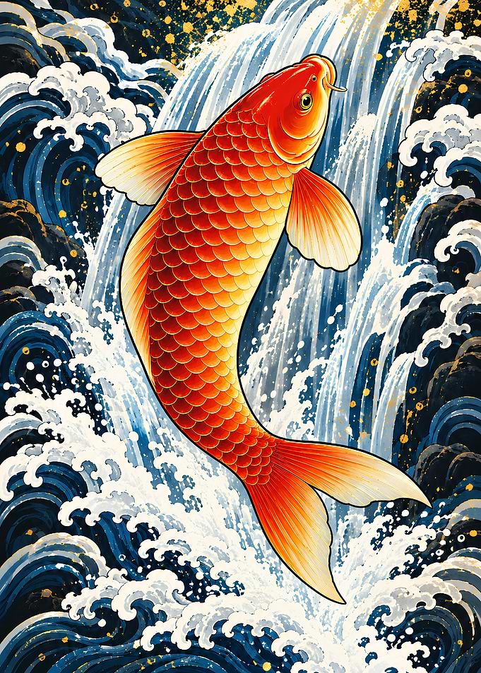 Koi Waterfall Leap – Orange Irezumi Ukiyo-e Art