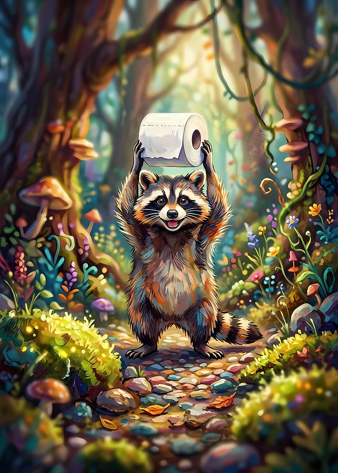 Raccoon Holding Toilet Paper in Forest