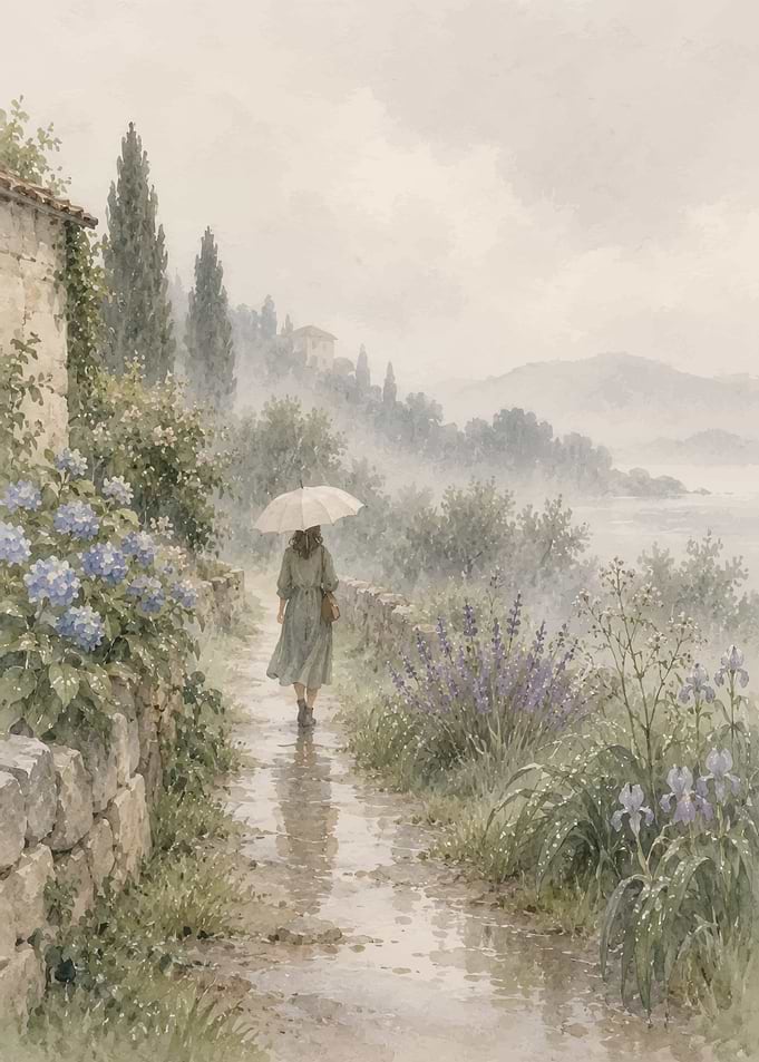 Woman Walking on Rainy Country Path