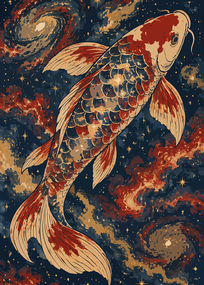 Japanese Koi Fish in a Cosmic Nebula Ukiyo-e Metal Poster, No Text