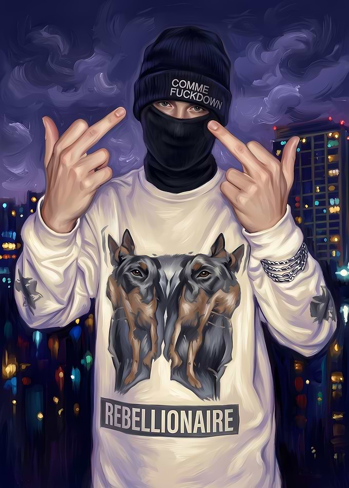 Rebellious Streetwear Portrait with Doberman Graphic