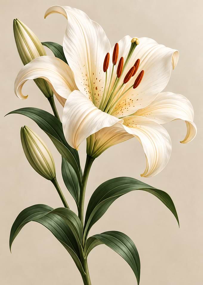 Elegant White Lily Botanical Illustration