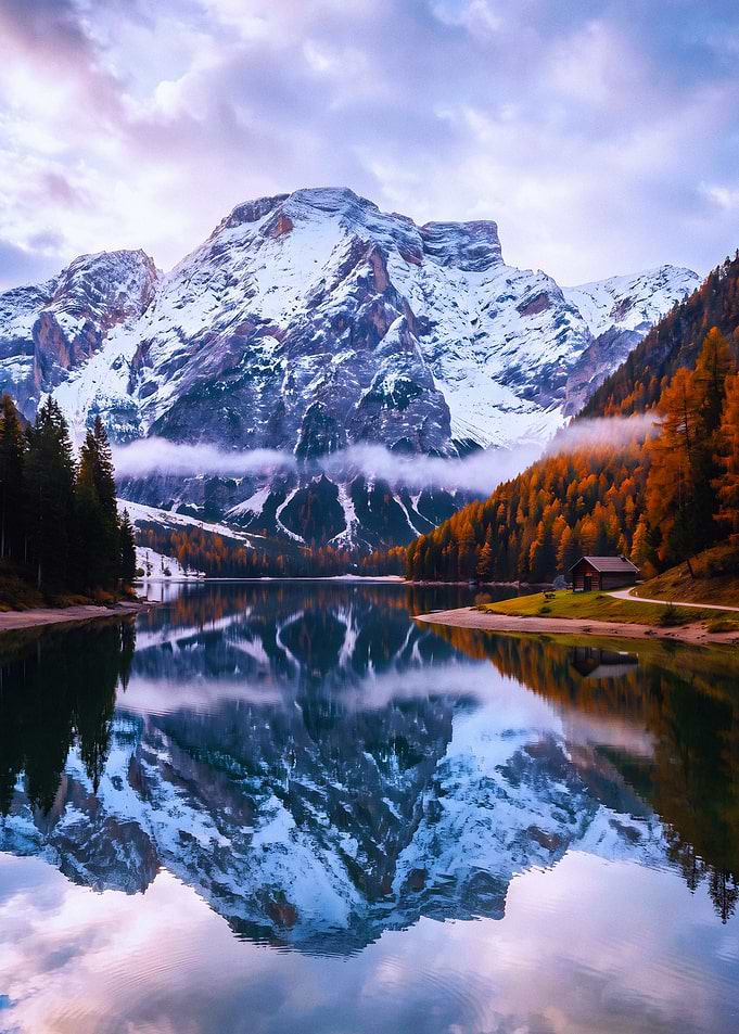 Snowy Mountain Reflection at Lake Braies