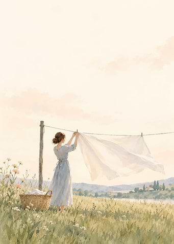 Woman Hanging Laundry in Meadow