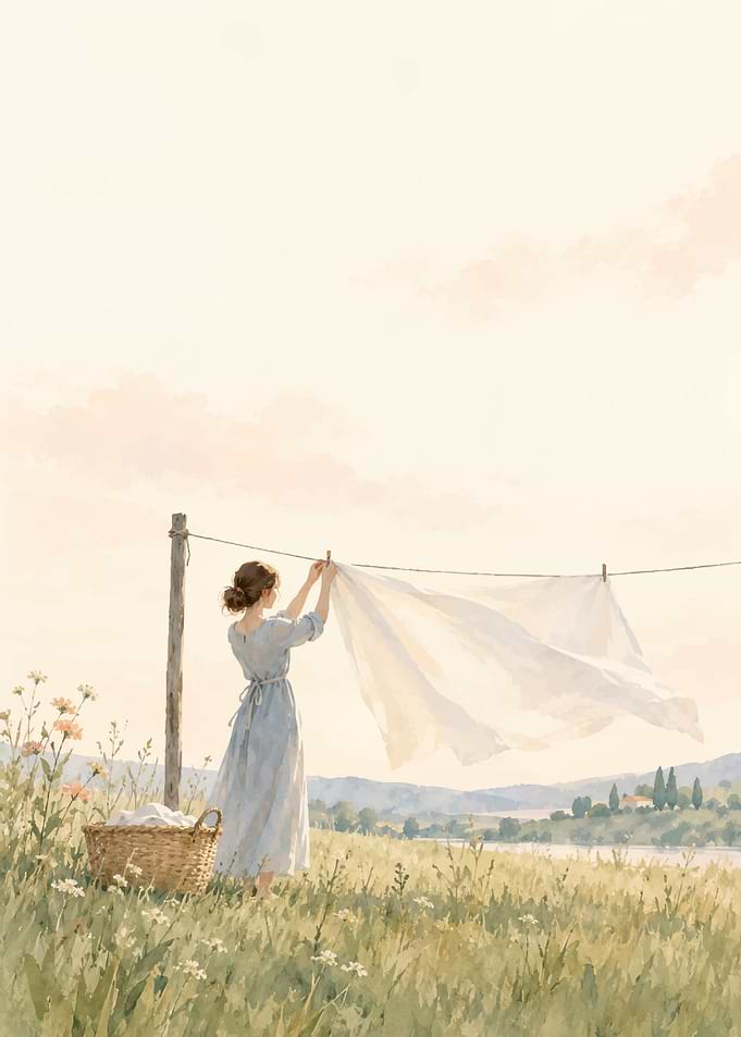 Woman Hanging Laundry in Meadow