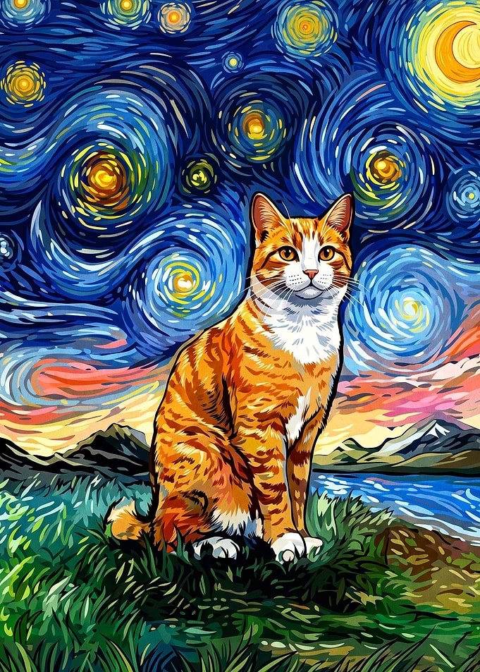 Cat Night Sky Swirls Impressionist