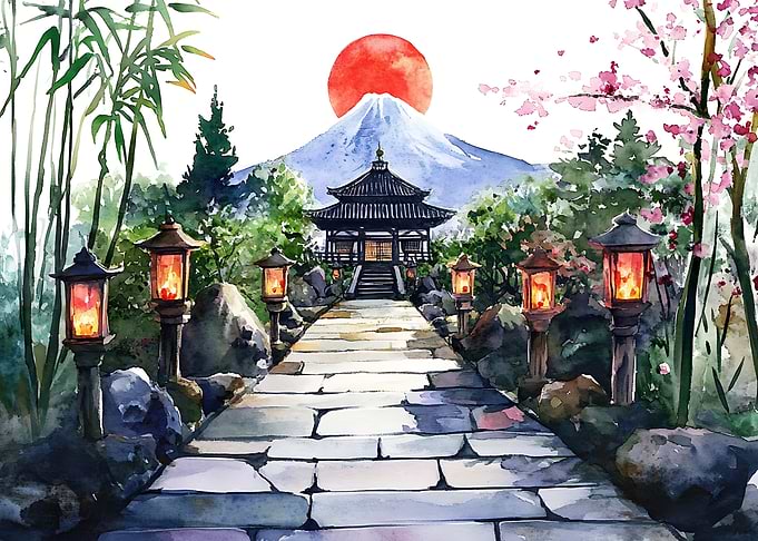 Watercolor Mount Fuji Temple Path