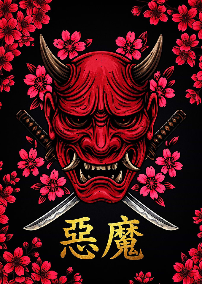 Red Oni Mask with Katana Swords