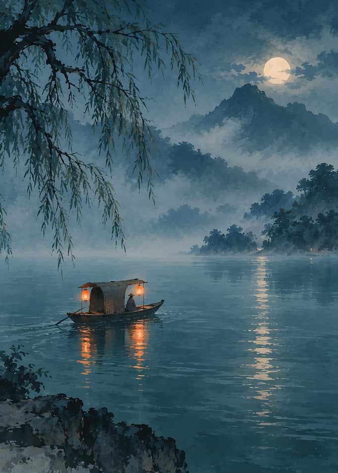 Lone Boat on Misty Moonlit Lake