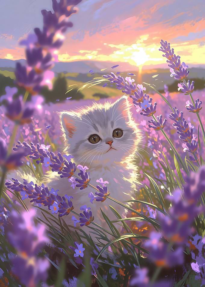 Fluffy Kitten in Lavender Field