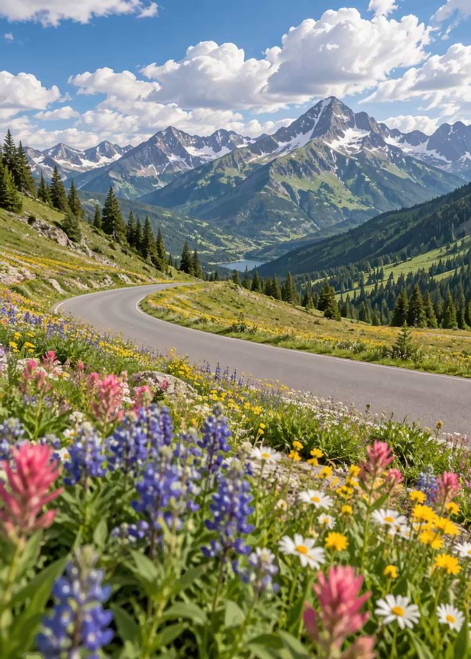 Scenic Mountain Road with Wildflowers