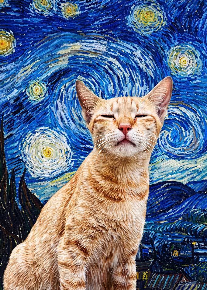 Cat Night Sky Impressionist Art