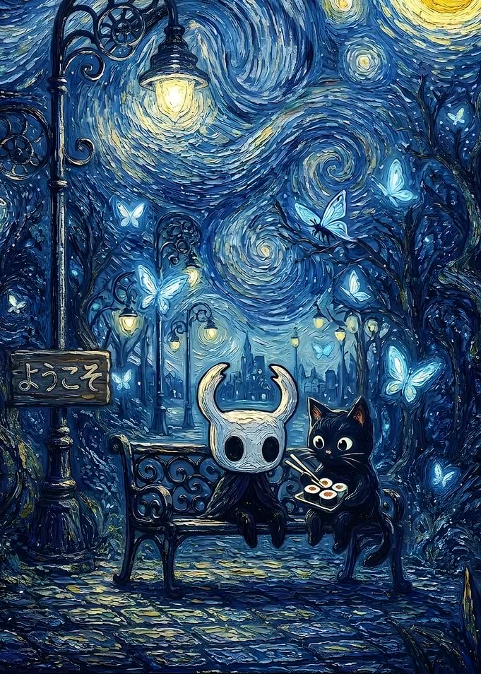 Hollow Knight and Cat Eating Sushi