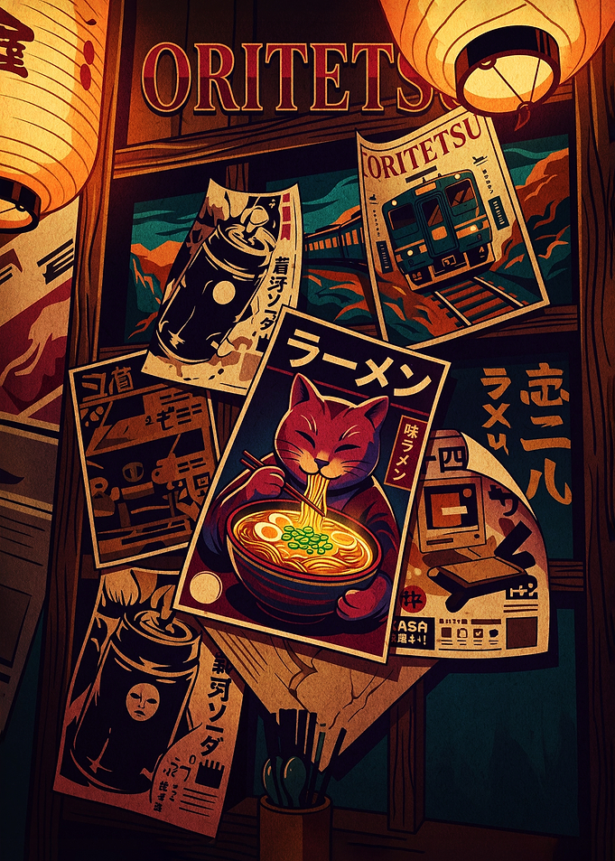 Japanese Ramen Cat Poster Collage