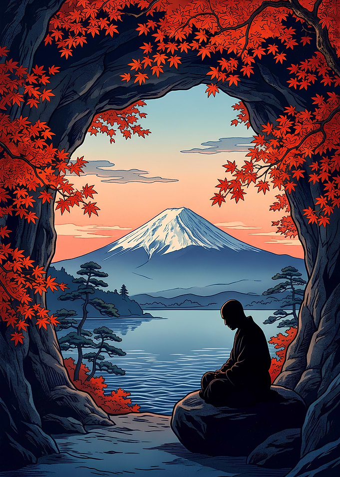 Monk Meditating Before Mount Fuji