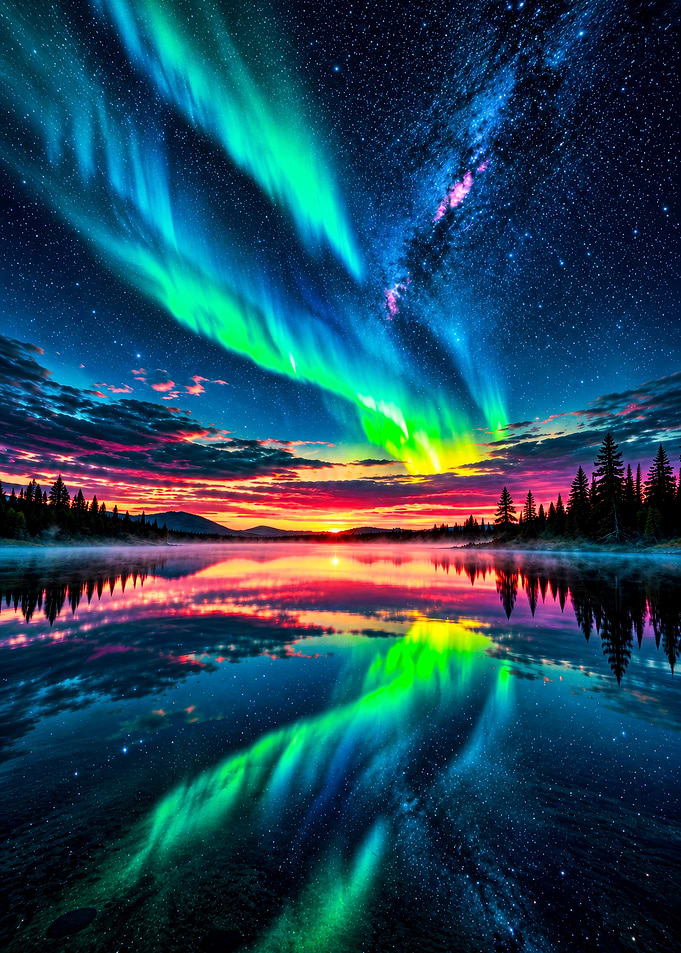 Vibrant Aurora Borealis Over Still Lake