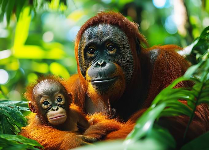 Orangutan Mother and Baby in Jungle