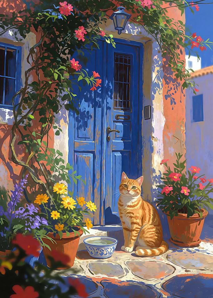 Ginger Cat by Blue Door