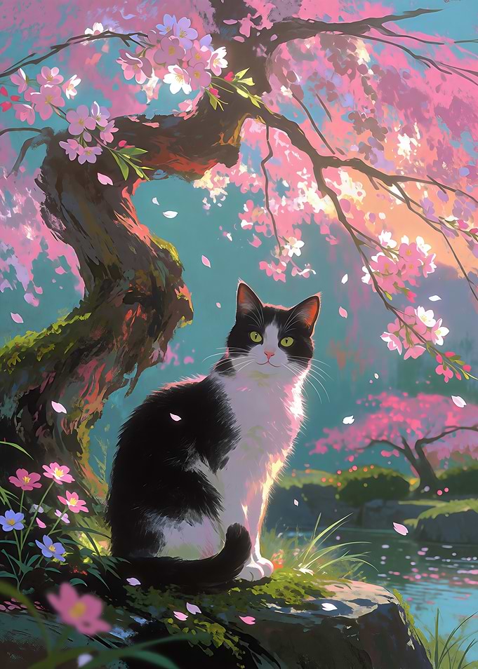 Black and White Cat Under Cherry Blossoms