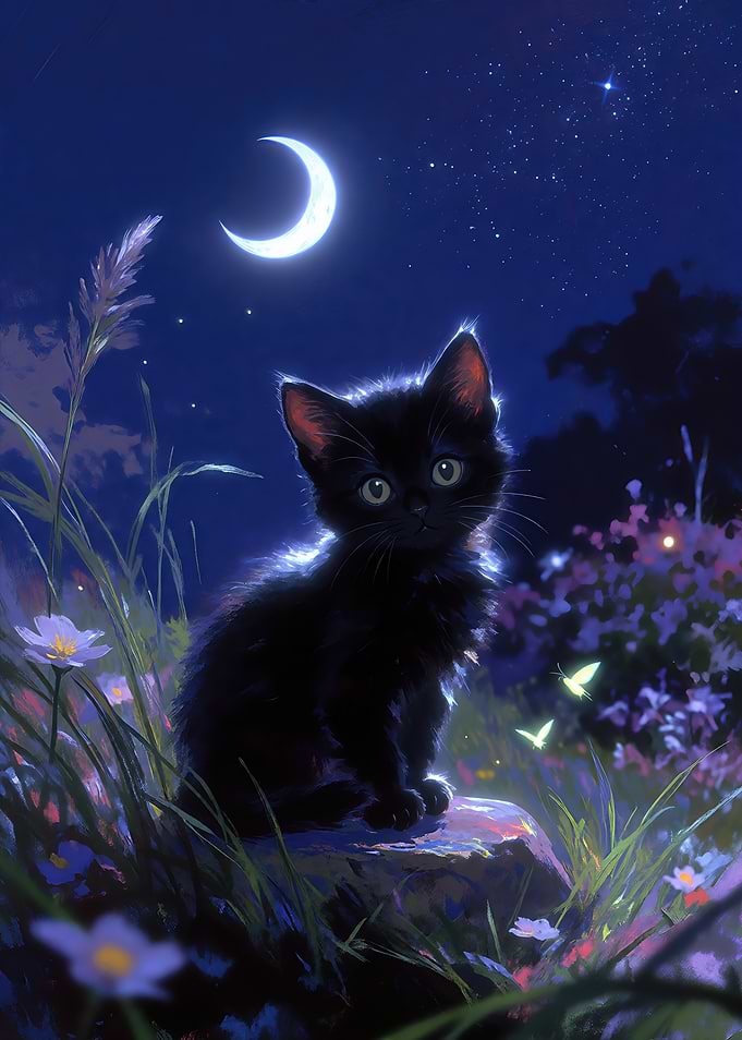 Black Kitten Under Moonlight