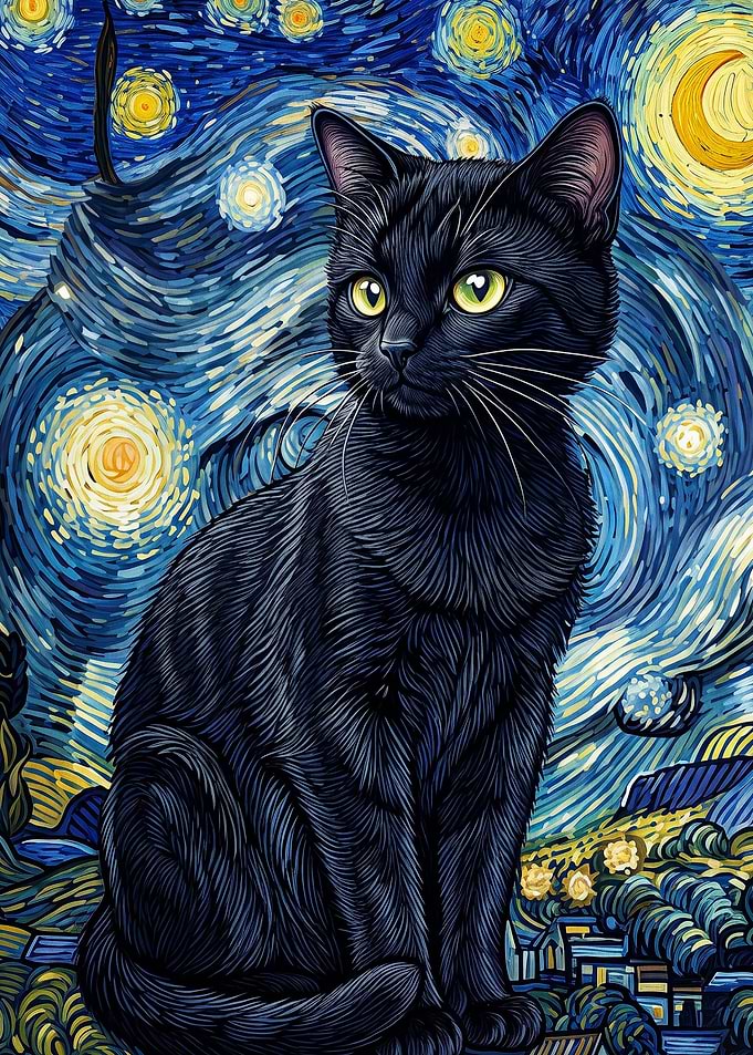 Black Cat Night Sky Starry Art