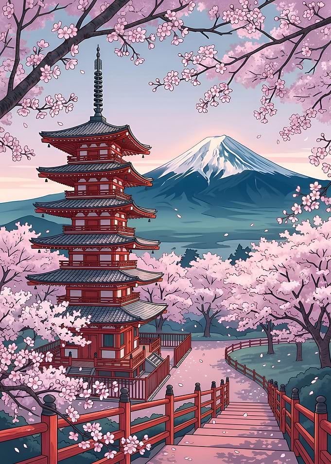 Chureito Pagoda and Mount Fuji Sakura