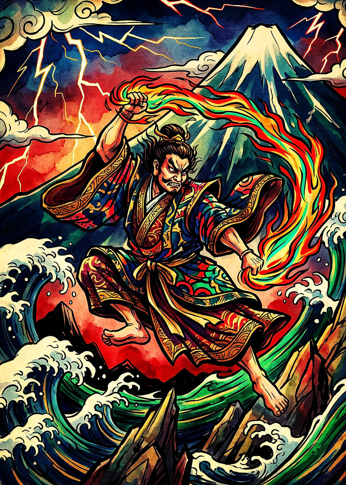 Samurai Warrior Controlling Fire and Water