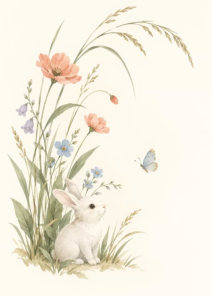 Cute Bunny with Flowers and Butterfly