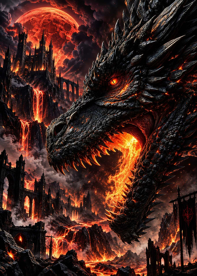 Fiery Dragon Over Dark Castle