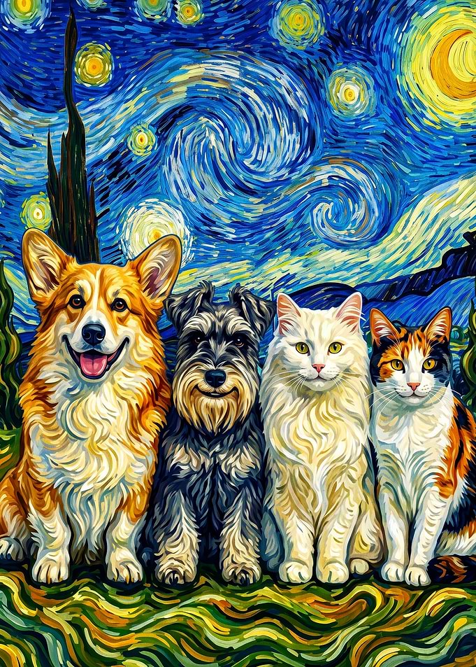 Dogs Cats Starry Night Oil Painting