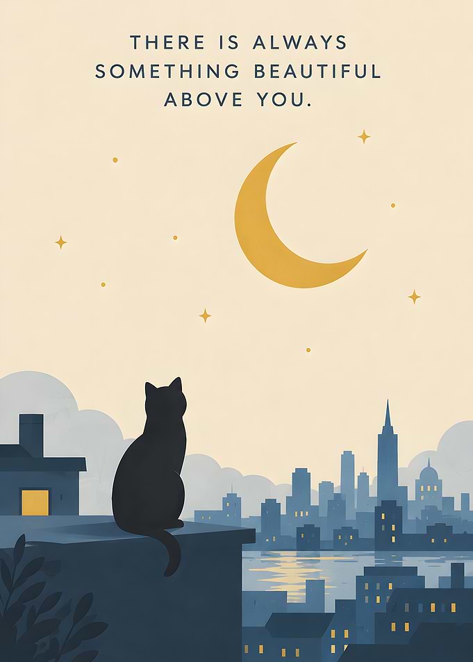 Cat Watching the Moon Over City