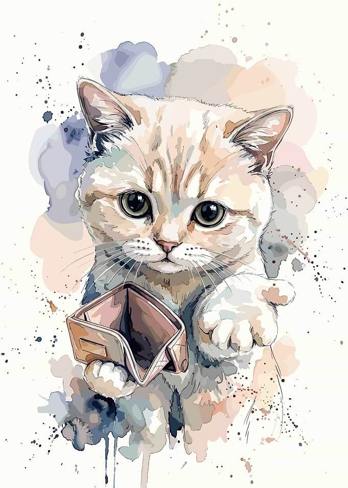 Watercolor Illustration of a Broke Cat