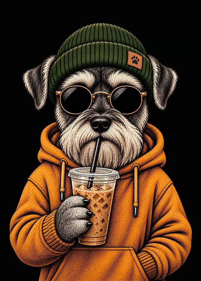 Cool Schnauzer Drinking Iced Coffee