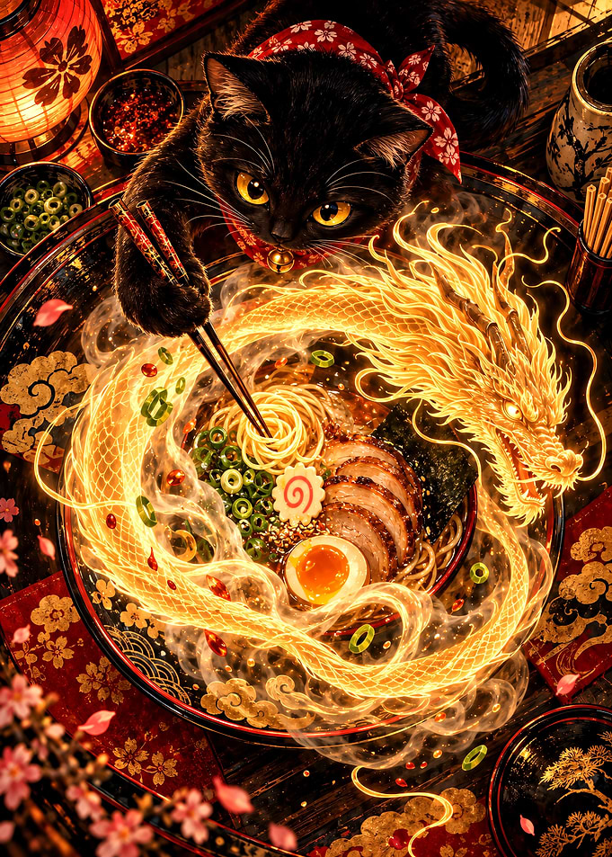 Black Cat Eating Magical Dragon Ramen