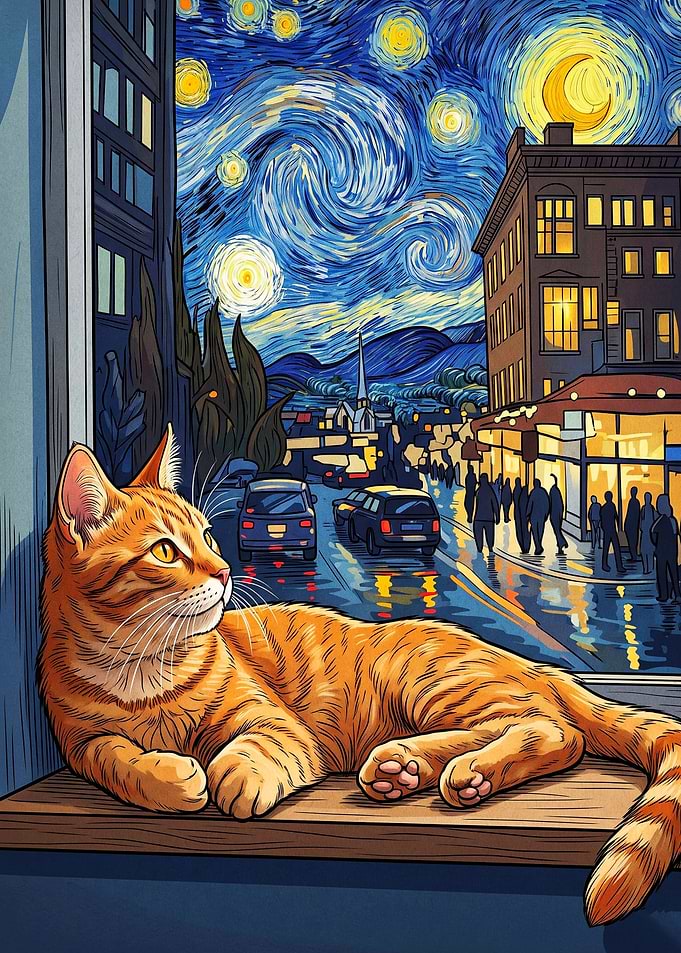 Cat City Night Starry Sky Art Poste